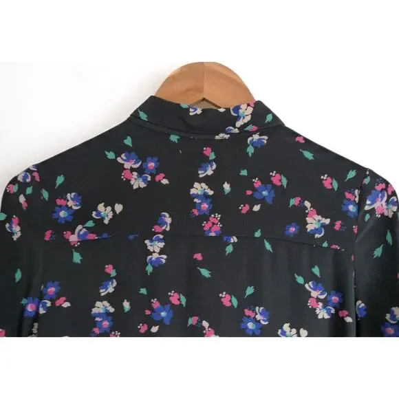 SEZANE Silk Black Pink Floral Print Long Sleeve Mini Shift Shirt Dress S $205 - Picture 6 of 11